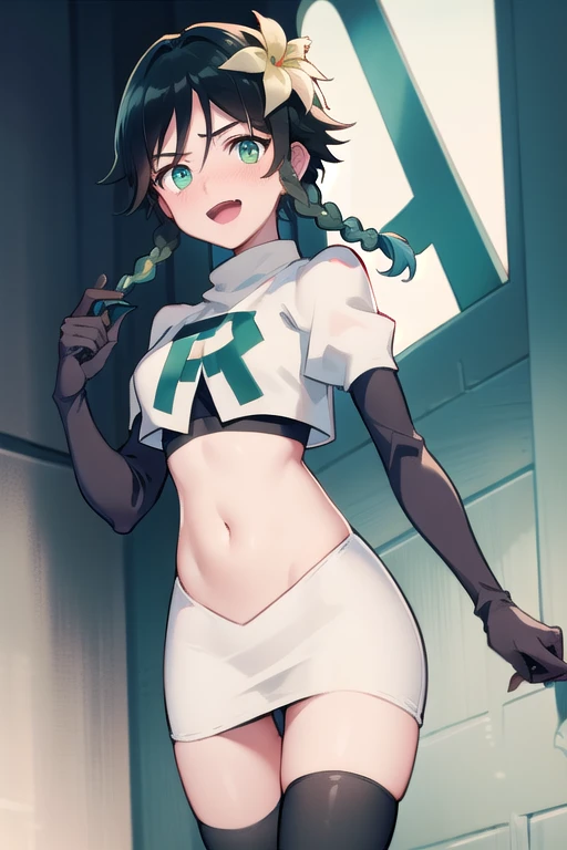 absurdres,venti,1boy, male focus, trap,black hair, green-blue hair, hair braid,hair flower,aqua green eyes,crossdressing,1boy,team rocket,team rocket uniform,white skirt,red letter R,crop top,black thigh-highs,black elbow gloves, laughing,happy, blush