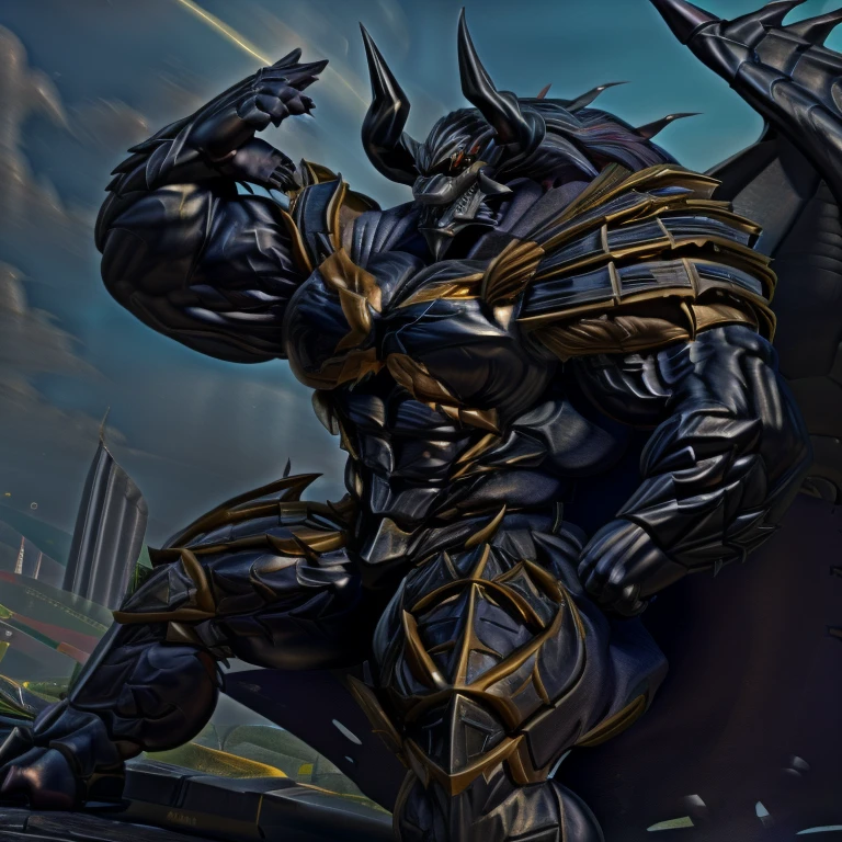 demon lord dragon batzz,  (masterpiece, best quality, detailed:1.2) full body, detailed full body, mechanical armor, glowing wide and heavy armor, wears full body armor. massive muscles, huge pecs, chiseled abs, huge pectorals, exaggeratedly huge muscles. wearing a cloak. unusually developed muscular body big muscle, pecs, triceps, traps, waist narrow, unusually developed muscular body, The claws are sharp, Sharp teeth, Spread wings, It has wings. have big wings, FULL BODY, giant, huge body, long legs, battlefield, sitting on the throne,