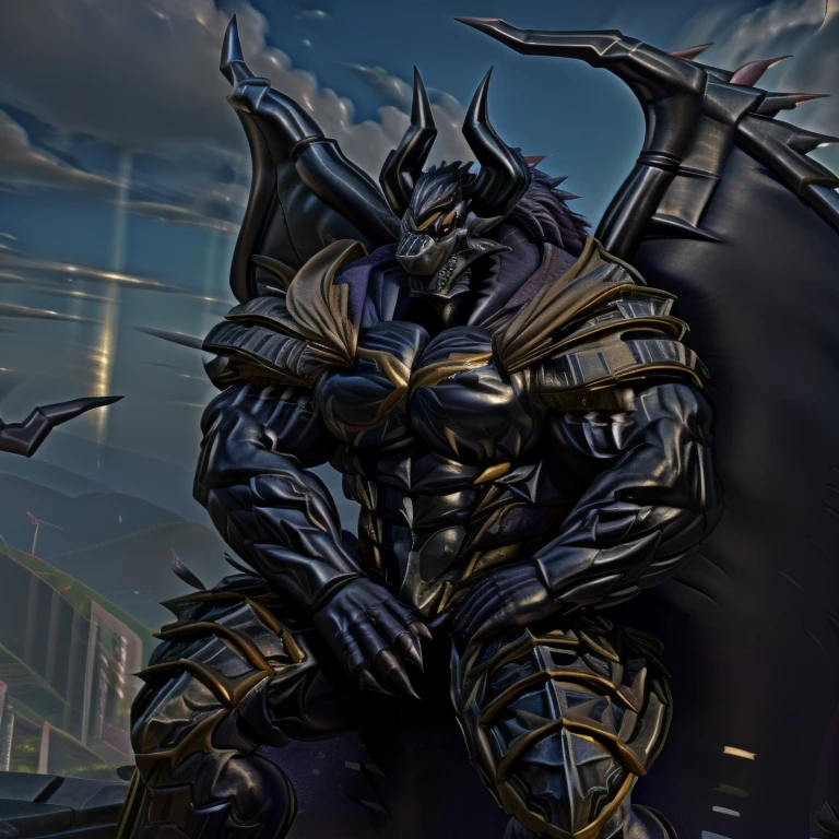 demon lord dragon batzz,  (masterpiece, best quality, detailed:1.2) full body, detailed full body, mechanical armor, glowing wide and heavy armor, wears full body armor. massive muscles, huge pecs, chiseled abs, huge pectorals, exaggeratedly huge muscles. wearing a cloak. unusually developed muscular body big muscle, pecs, triceps, traps, waist narrow, unusually developed muscular body, The claws are sharp, Sharp teeth, Spread wings, It has wings. have big wings, FULL BODY, giant, huge body, long legs, battlefield, sitting on the throne,