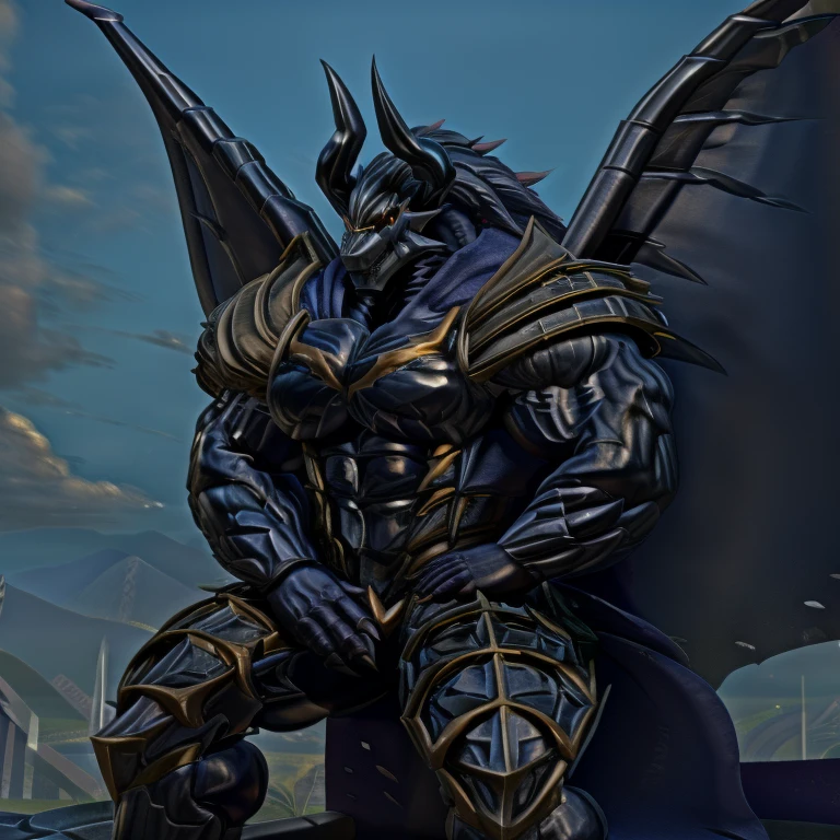 demon lord dragon batzz,  (masterpiece, best quality, detailed:1.2) full body, detailed full body, mechanical armor, glowing wide and heavy armor, wears full body armor. massive muscles, huge pecs, chiseled abs, huge pectorals, exaggeratedly huge muscles. wearing a cloak. unusually developed muscular body big muscle, pecs, triceps, traps, waist narrow, unusually developed muscular body, The claws are sharp, Sharp teeth, Spread wings, It has wings. have big wings, FULL BODY, giant, huge body, long legs, battlefield, sitting on the throne,