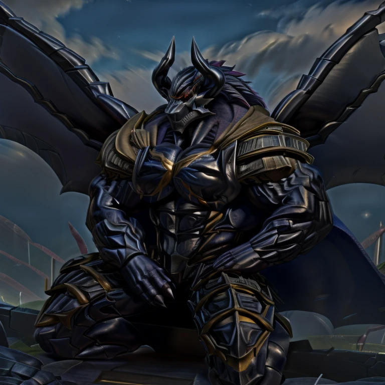 demon lord dragon batzz,  (masterpiece, best quality, detailed:1.2) full body, detailed full body, mechanical armor, glowing wide and heavy armor, wears full body armor. massive muscles, huge pecs, chiseled abs, huge pectorals, exaggeratedly huge muscles. wearing a cloak. unusually developed muscular body big muscle, pecs, triceps, traps, waist narrow, unusually developed muscular body, The claws are sharp, Sharp teeth, Spread wings, It has wings. have big wings, FULL BODY, giant, huge body, long legs, battlefield, sitting on the throne,