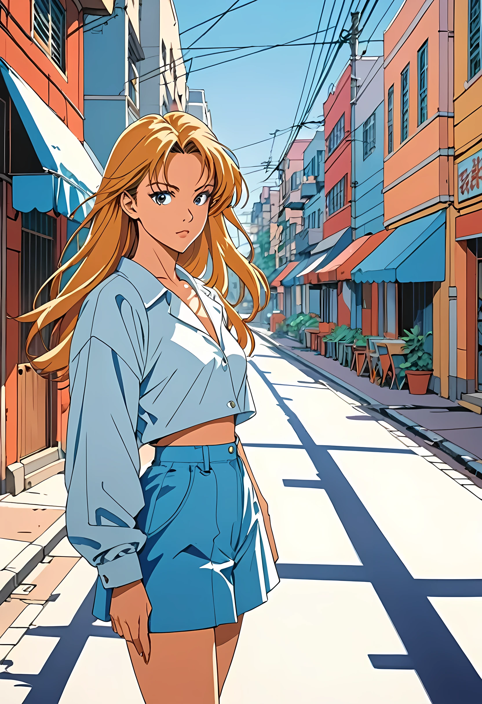 90s anime, cool women, highlights and shadows, strong and weak main lines, highly saturated coloring, pointed hair, sharp contours, and a well-defined body, city street,