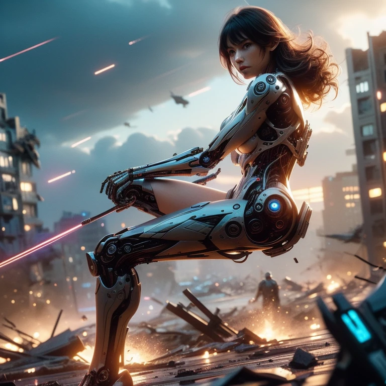 A highly detailed Cyborg, arms crossed in front of a destroyed city, sporting futuristic details on his bionic body. (An extremely detailed cyborg with crossed arms in front of a destroyed city, with futuristic details on their bionic body.)