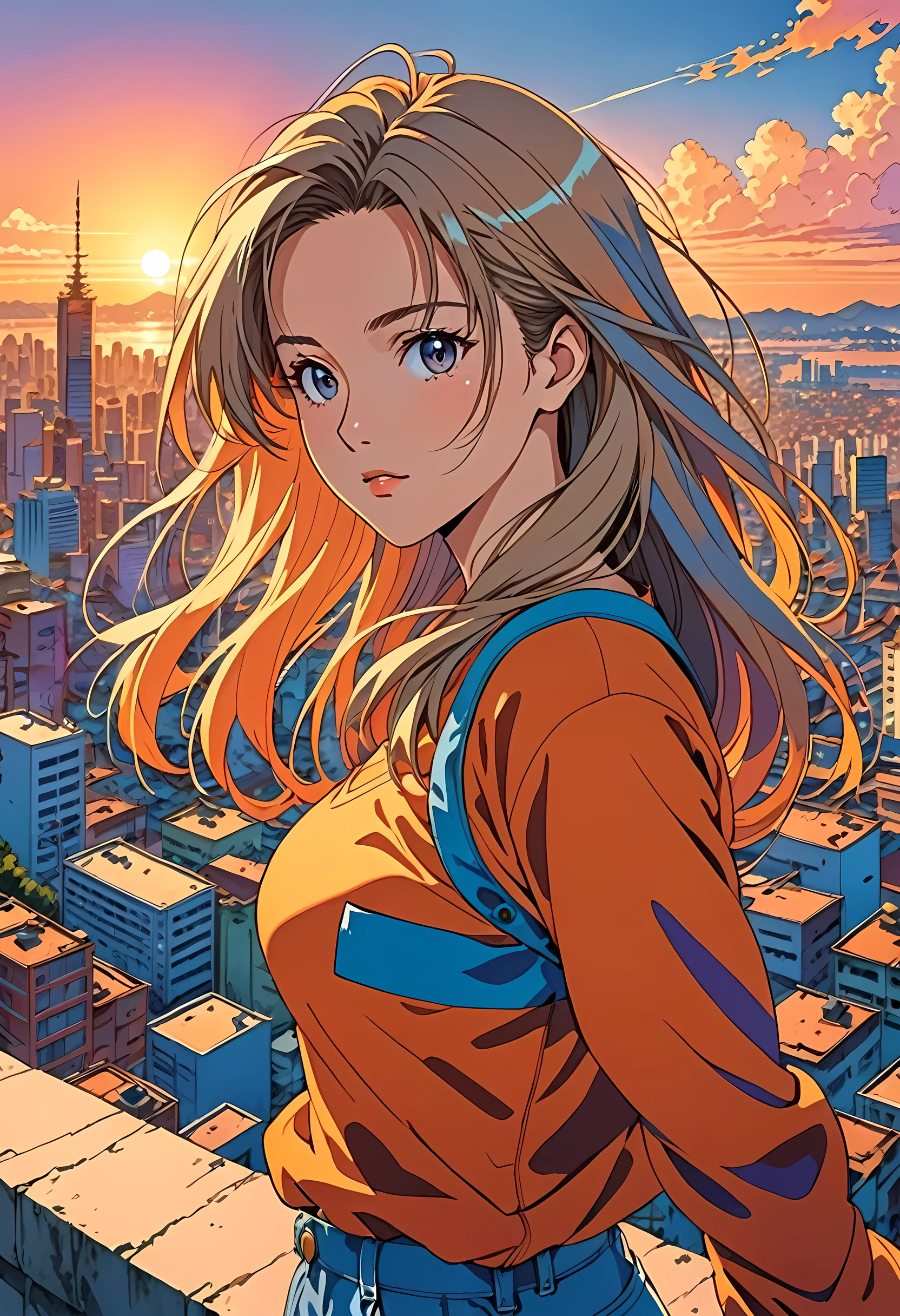 90s anime, cool women, highlights and shadows, strong and weak main lines, highly saturated coloring, pointed hair, sharp contours, and a well-defined body, panoramic view of the city, sunset,