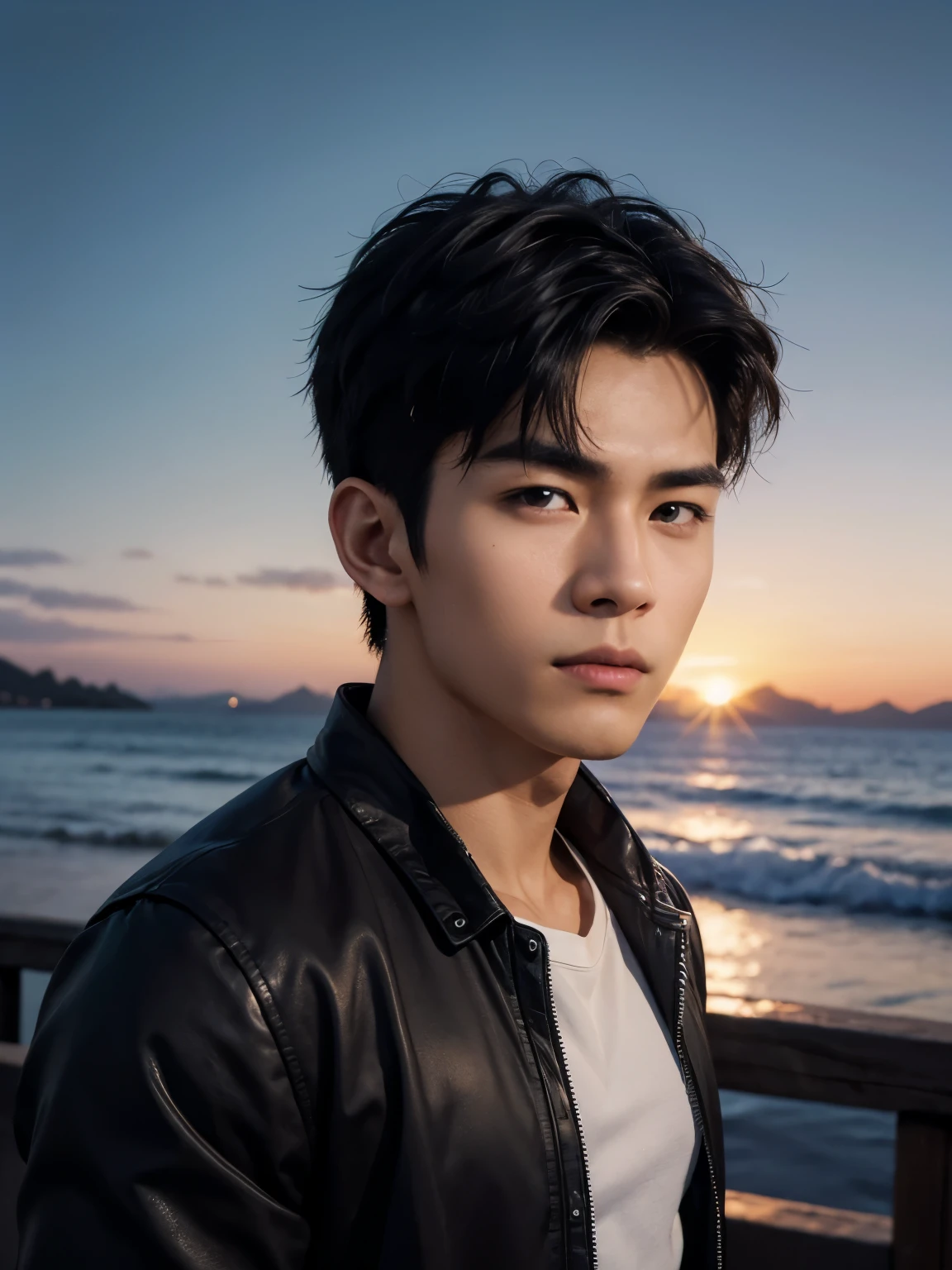 (photorealistic, masterpiece, 8K, HD, portrait, closing up on face, intricate details, soft lighting, absurdres), a handsome young vietnamese man, soldier, 25 years old, strong, brave, determined, confident, manly, intimidating, mischievous, hot, attractive, smirking, detailed face, brown eyes, detailed eyes, sharp eyes, looking at viewer, wearing a jacket with rolled up sleeves over a shirt, casual wear, tanned skin, fit, black hair, short hair, spiky hair, outdoors, pier, dawn, stars, constellation, cosmical, dreamy world, surrealism, ethereal