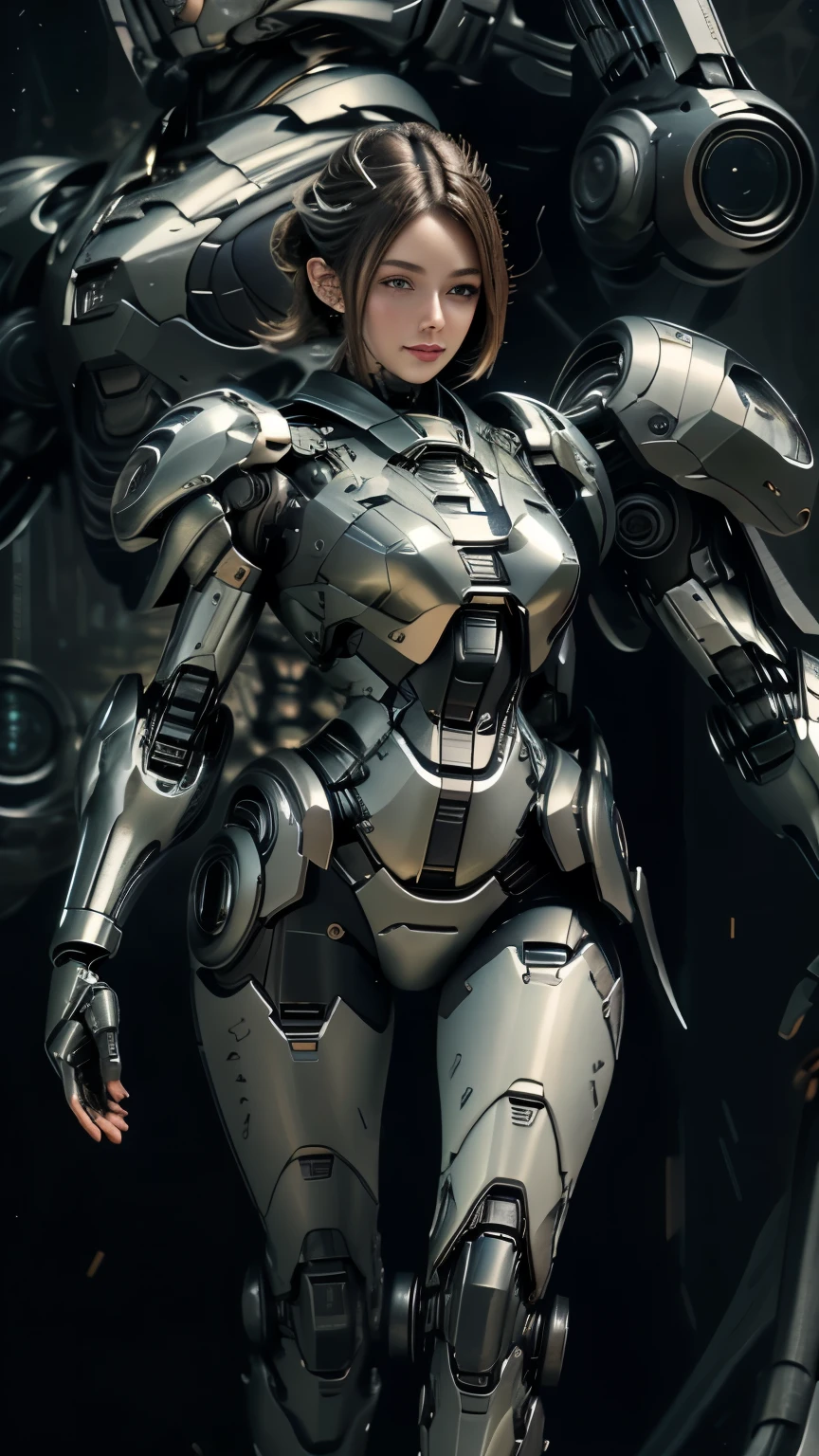 (8K), (best quality), (masterpiece: 1.2), (realistic), ultra detailed, (kiss), 1 girls, short hair, mecha-style robotic armor, beautiful detailed eyes, beautiful detailed nose, full body, breasts big, bewitching thighs erotic, woman, white hair battlefield Alien battlefield