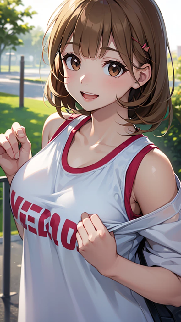 (Close-up of a woman)、Depiction of the upper body、((18-year-old female))、Bright smile、(Please open your mouth a little、High resolution、16k))、Sporty summer clothes、Early morning park、