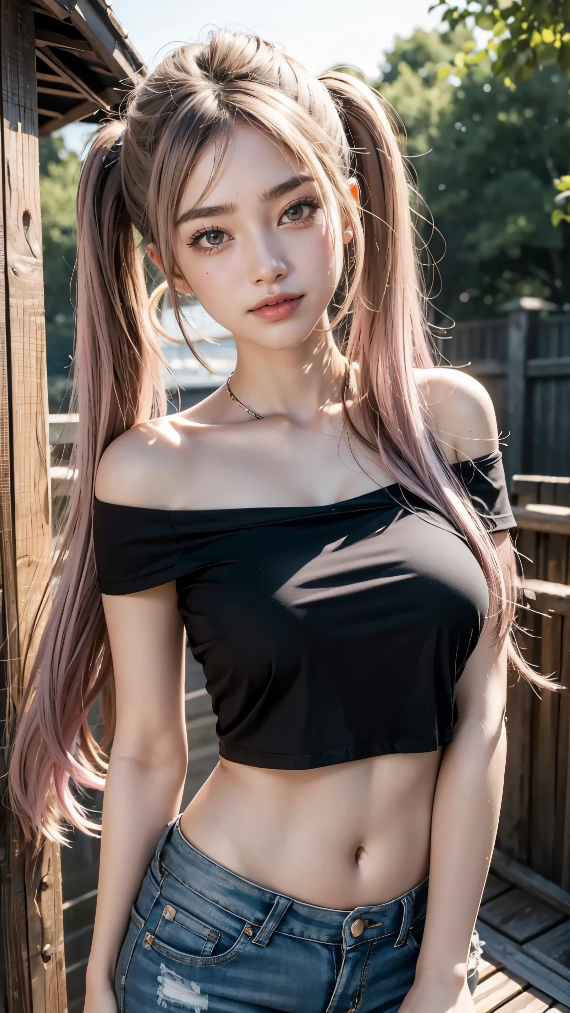 Outdoor park, sunny day, 20 years old, 1 girl, solo, beautiful Korean girl, big eyes, happy smile, {beautiful and detailed eyes}, dark eyes, calm Expression, exquisite facial features, bremerton, long hair, grey hair, pink hair, blush, pink eyes, navel, streaked hair, cleavage, hair ornament, smile, looking at viewer, twintails, collarbone, large breasts, t shirt, black t shirt, single off shoulder , bare shoulder, bra strap, shorts, black shorts, denim shorts, highleg panties, ((model pose)), charming body shape, fine lines, real hands, Masterpiece, best quality, 16k, realistic, ultra-detailed, fine, high resolution, perfect dynamic composition, beautiful detailed eyes, smile at the corners of the eyes, ((nervous and awkward)), sharp focus, half-length portrait, cowboy shot, bremerton, looking at viewer, hair between eyes, cowboy_shot