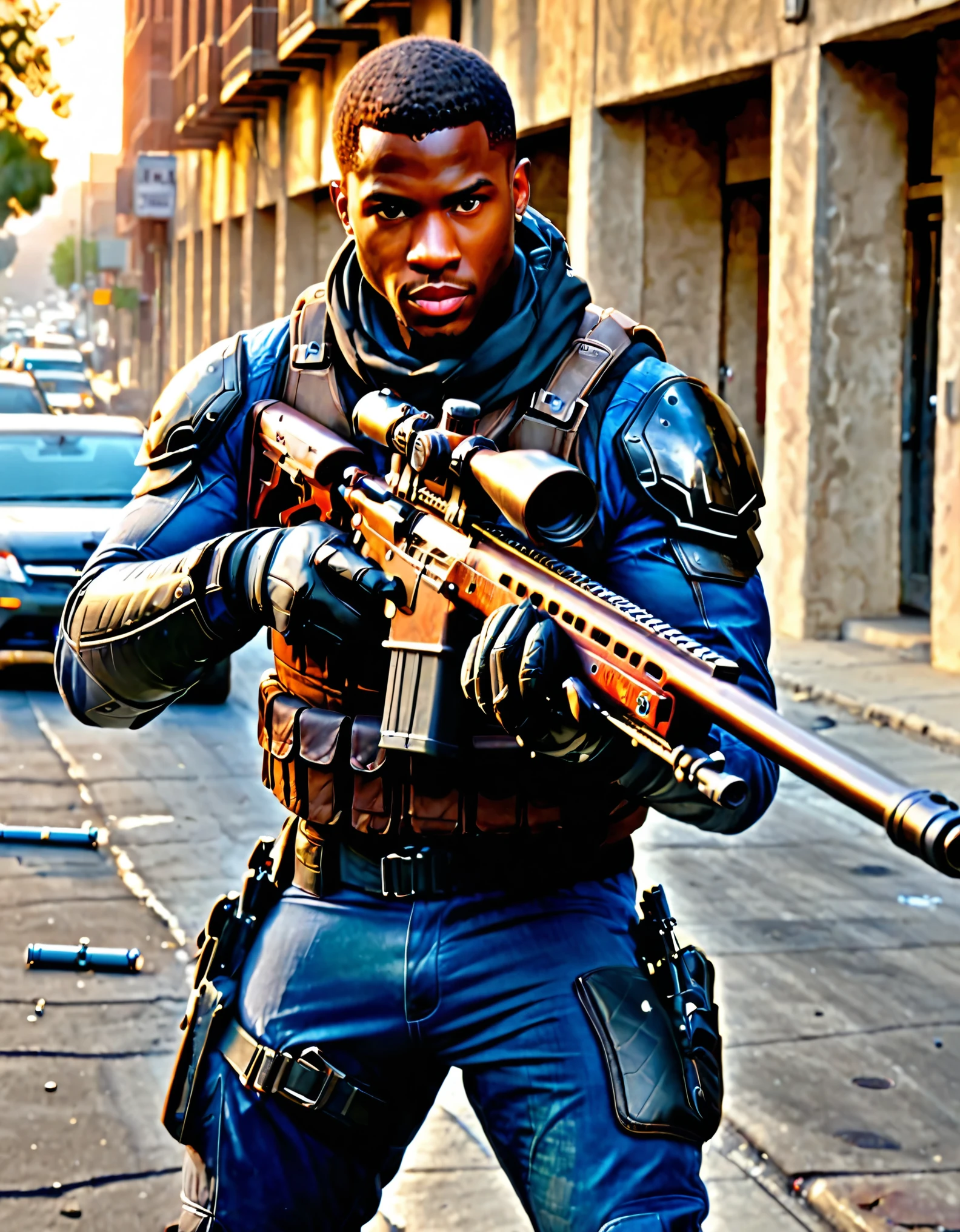 masterpiece, best quality, high res, 1man, solo, solo focus, mercenary, male focus, perfect hands, finger on trigger, gloves, holding a sniper rifle, african-american, (dark-skinned male), brown hair, hazel eyes, load-bearing vest, ammunition belt, danger atmosphere, los angeles, war zone