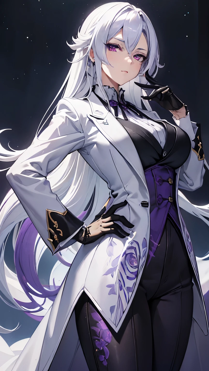 (best quality:1.3), (masterpiece:1.3), (illustration:1.3), (ultra-detailed:1.3), 1girl, solo, ((long hair, white hair, purple eye, purple flower pattern)), (((large breasts))), black pants, white suit, tailcoat, serious expression, tall, mature, elegant, black gloves, one hand on hip, purple flowers, looking at viewer, night sky, glowing purple flowers, nice hands, perfect hands, serious expression, tsurime,