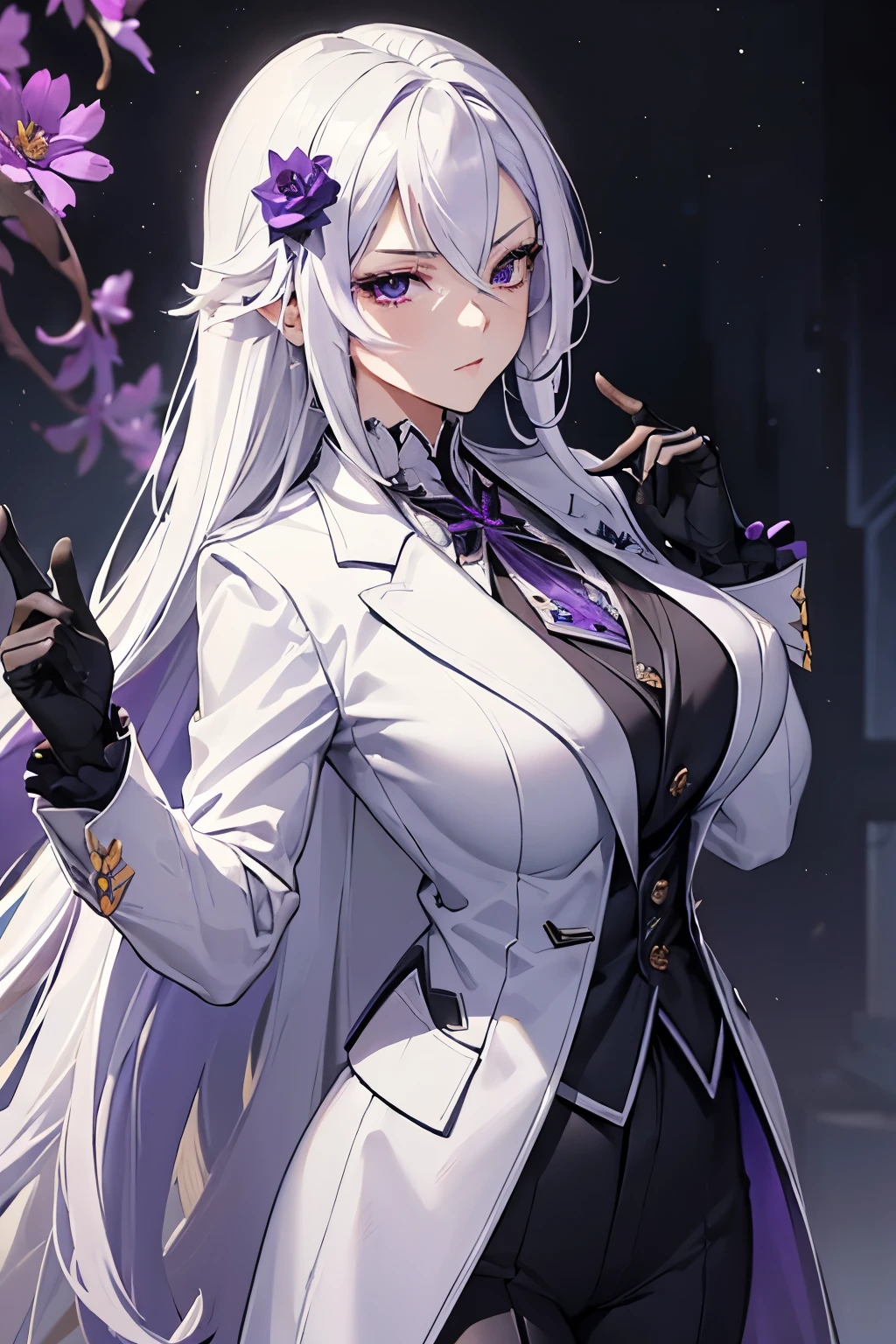(best quality:1.3), (masterpiece:1.3), (illustration:1.3), (ultra-detailed:1.3), 1girl, solo, ((long hair, white hair, purple eye, purple flower pattern)), (((large breasts))), black pants, white suit, tailcoat, serious expression, tall, mature, elegant, black gloves, one hand on hip, purple flowers, looking at viewer, night sky, glowing purple flowers, nice hands, perfect hands, serious expression, tsurime,