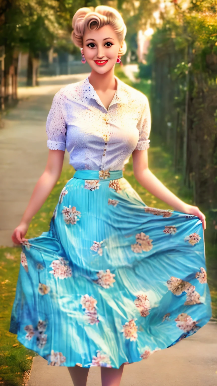 a woman in a polka dot shirt and a skirt posing for a picture, wide skirts, retro and ethereal, 50s style, cream colored blouse, 5 0 s style, midi skirt, pinup style, by Edward Avedisian, retro 5 0 s style, retro style ”, 1 9 5 0 s style, vintage clothing, pleated skirt, white russian clothes