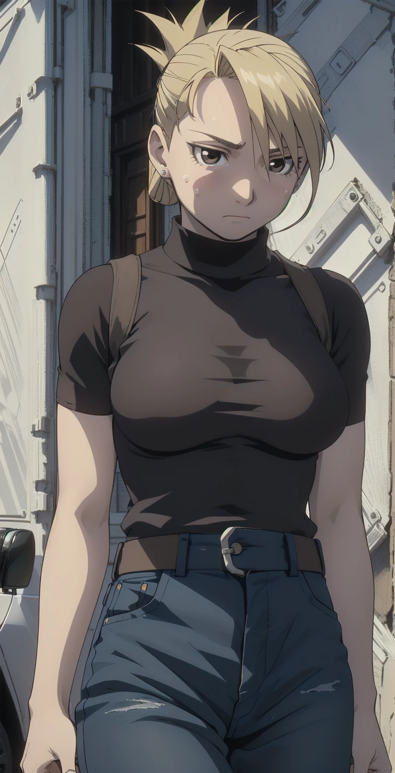 masterpiece, highest quality, High resolution, One Girl, Hamriz, ponytail, Brown eyes,Big Breasts、Brown Inner、Tight shirt, holster, Short sleeve, belt, Covered navel, Blue pants、Shadow、What&#39;s left behind,Outdoor、Upper body close-up、Muscular body、blush、Sweat、Composition from the front、anime、(((Torn clothes、Cover your body with your hands、Exposing one breast、真Composition from the front、Sweat、Embarrassing、blush、Upper body close-up、Close-up of a person、Pussy Line、、audience)))
