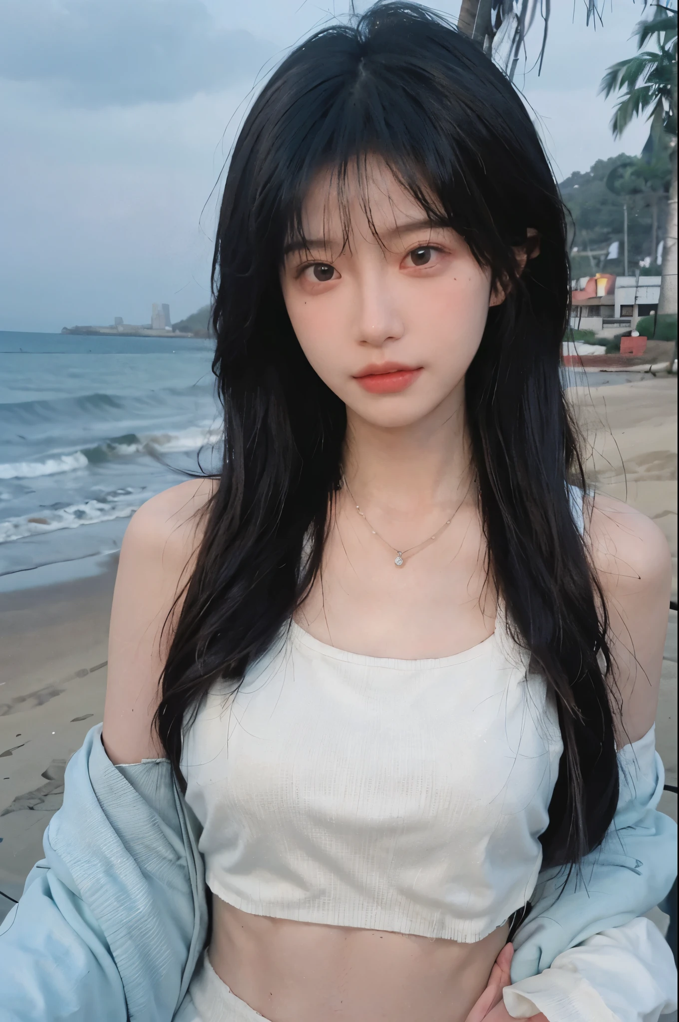 Best quality,Ultra-high resolution,(lifelike:1.4),Cute hairpin,1girll,Long curly hair,jk,Blush,Slim beauty:1.4,Visible abdominal muscles,on the beach,Ultra-fine face,Exquisite eyes,Double eyelids,necklace