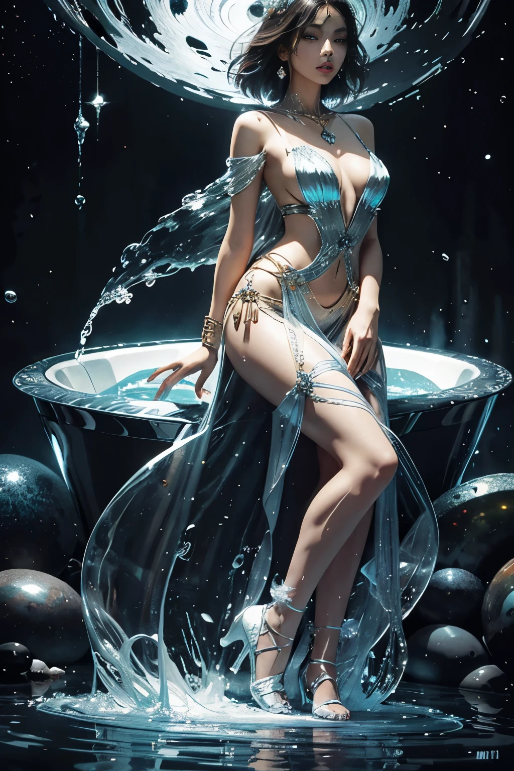 Photo: "Ethereal beauty, exotic woman of rich melanin, adorned with voluminous curves, bathed in a cascade of silver liquid chrome, falling from a cosmic whipped liquid drop above, creating specular reflections. Immersed in a creamy, iridescent cosmic bathtub, she is illuminated by soft lighting, exuding an ultra-realistic, high-definition beauty, reminiscent of the golden ratio. A true masterpiece, art by J.W. Waterhouse, photographed by Nick Knight --s2."