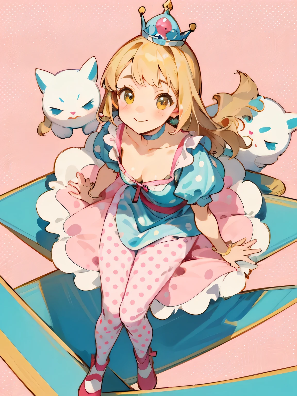 girl,((The world is small:1.3)),smile,Fairytale princess style,Alice in Wonderland,Cheshire Cat,Face close-up,(Pink polka dot background:1.2),Red and white and pink and yellow,(look up:1.3),(Browsing Caution),(Alluring cleavage),(Absolute area:1.3)