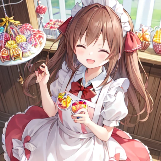1 girl, high quality, detailed, Early teens, View Viewer, From above, Brown Hair, tangled hair, (Happy:1.2), Eyes closed, :d, Ask for sweets, Holding candy in both hands, Apron dress, Candy Shop