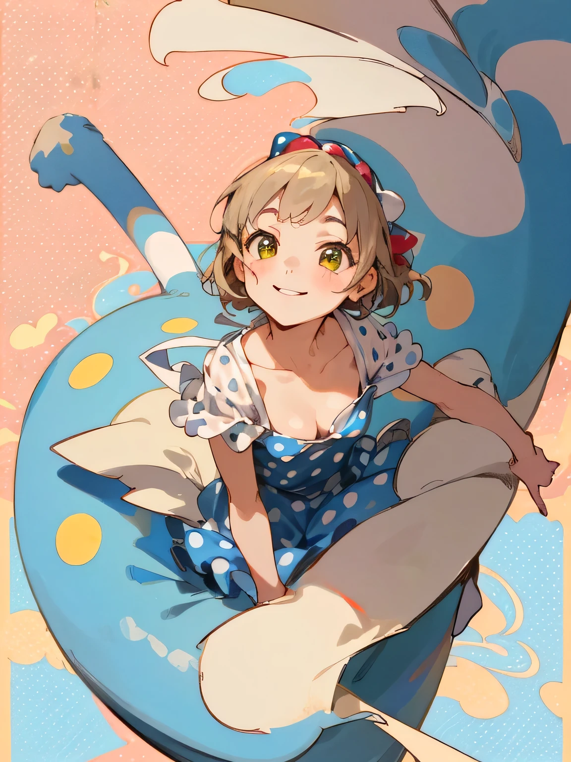 girl,((The world is small:1.3)),smile,Fairytale princess style,Alice in Wonderland,Cheshire Cat,Face close-up,(Polka dot background:1.2),Red and white and pink and yellow,(look up:1.3),(Browsing Caution),(Alluring cleavage),(Absolute area:1.3)
