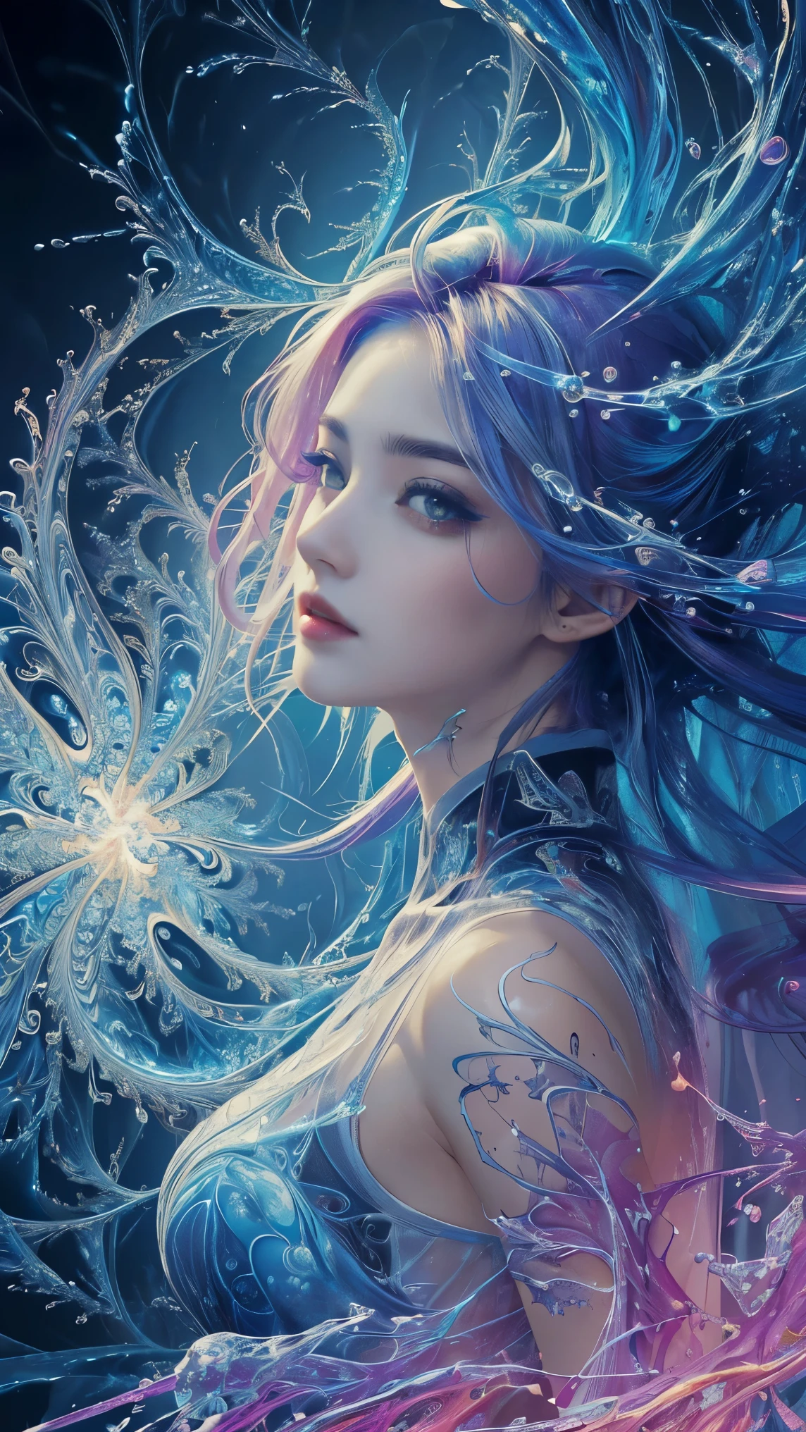 (masterpiece, top quality, best quality, official art, beautiful and aesthetic:1.2), (1girl), extreme detailed,(abstract, fractal art:1.3),colorful hair,highest detailed, detailed_eyes, fire, water, ice, lightning, light_particles, ghost,