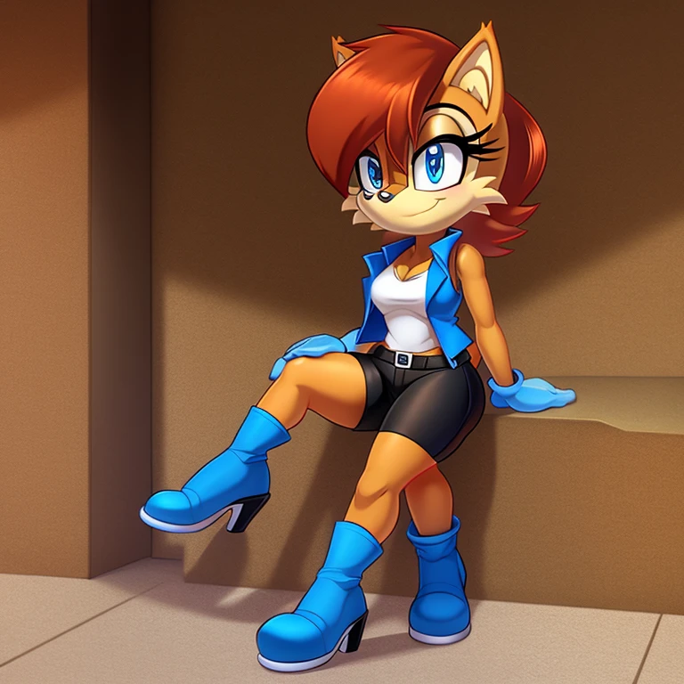 anthro Sally Sally acorn, Wearing blue vest, wearing black curved shorts, curved thighs