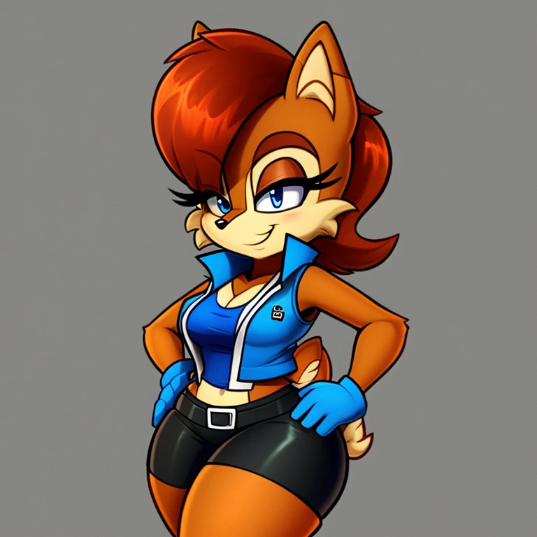 anthro Sally Sally acorn, Wearing blue vest, wearing black curved shorts, curved thighs