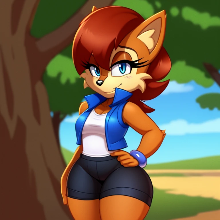 anthro Sally Sally acorn, Wearing blue vest, wearing black curved shorts, curved thighs