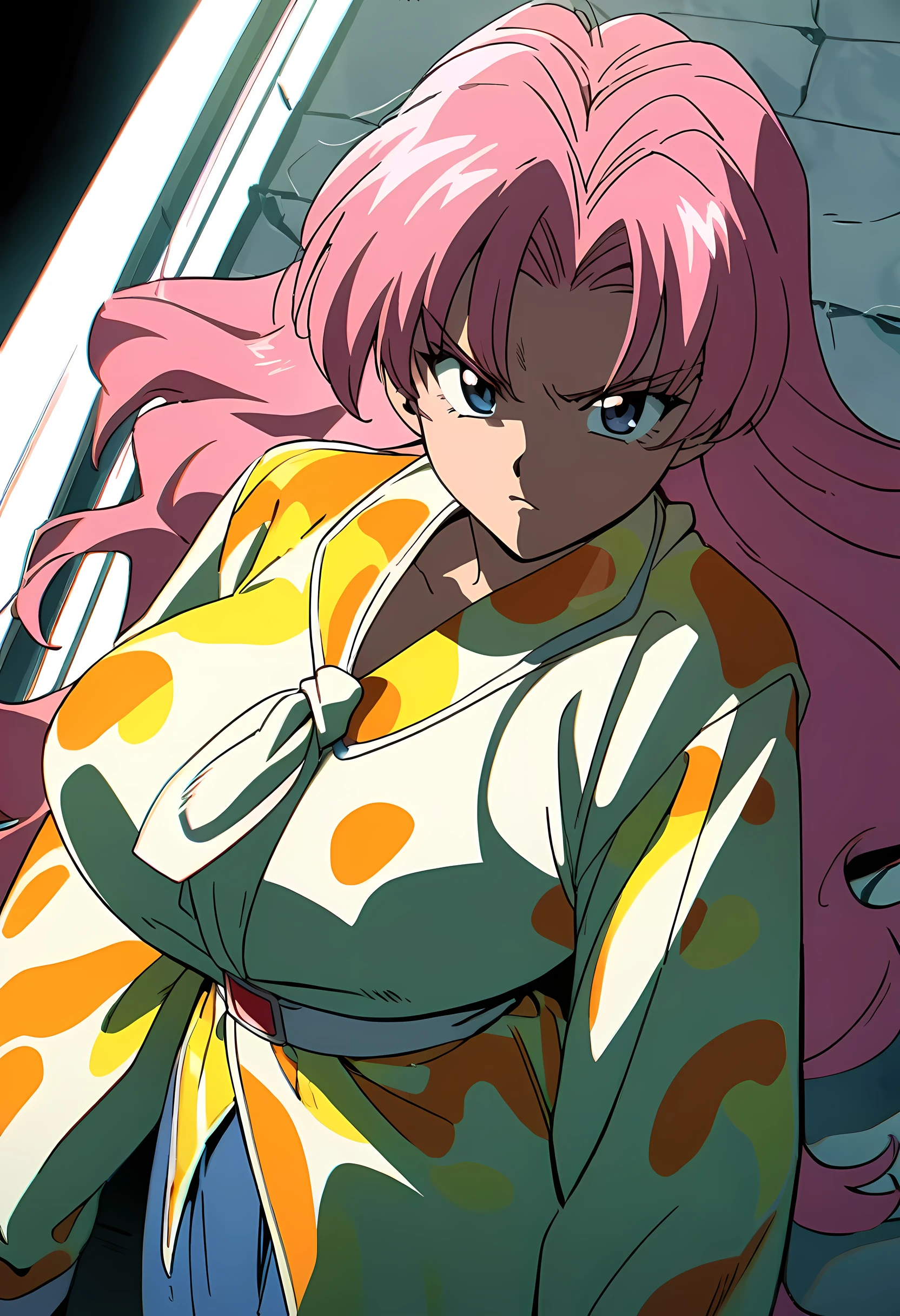 90s anime, cool women, highlights and shadows, strong and weak main lines, highly saturated coloring, pointed hair, sharp contours, and a well-defined body,