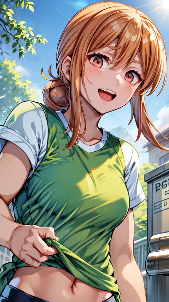 (Close-up of a woman)、Depiction of the upper body、((18-year-old female))、Bright smile、(Please open your mouth a little、High resolution、16k))、Sporty summer clothes、Early morning park、