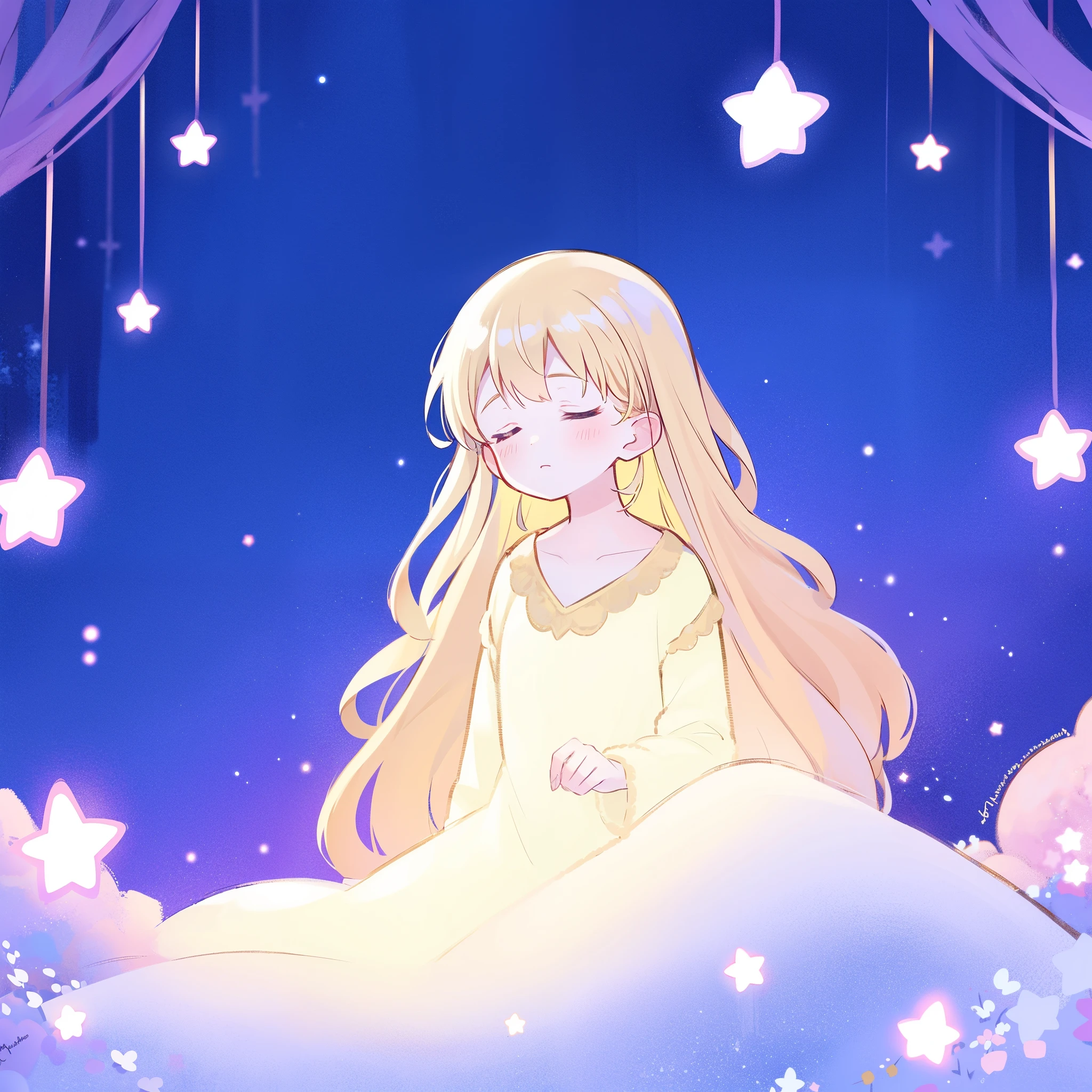 complex background, wishing star background, a woman wearing an ethereal dress that reflects the stars, pale purples and blues, ((glowing stars)), dreamy, peaceful, serene composition, glowing stars, glowing, complex drawing, highly detailed, ethereal, starry night, midjourney style