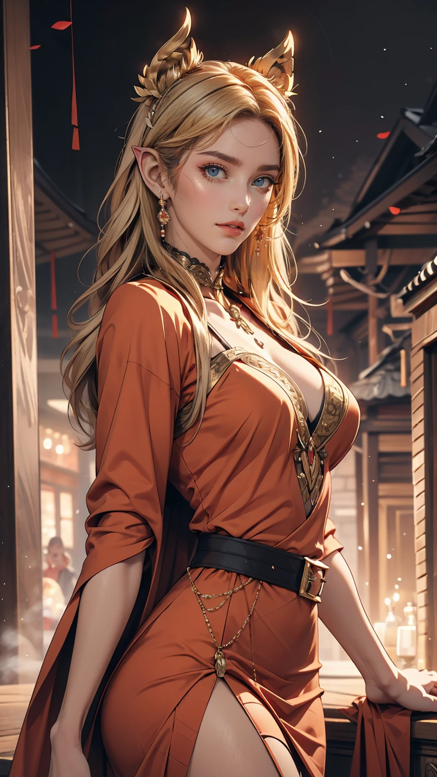masterpiece, High resolution, highest quality, Very detailed, wallpaper, Picturesque, Brush strokes, Pointed Ears, Yellow Eyes, elongated pupils, Beautiful woman, Big Breasts, Red dress