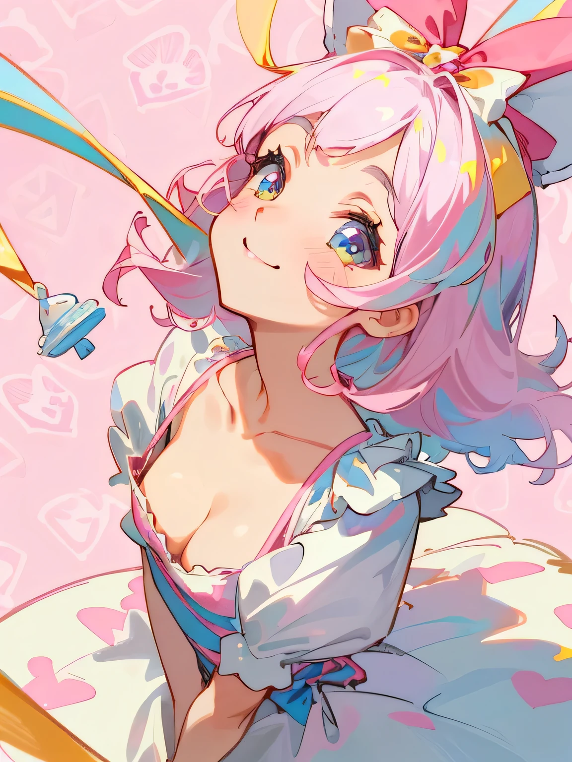 girl,((The world is small:1.3)),smile,Fairytale princess style,Alice in Wonderland,Cheshire Cat,Face close-up,(Pink and white pattern background:1.2),Red and white and pink and yellow,(look up:1.3),(Browsing Caution),(Alluring cleavage),(Absolute area:1.3)