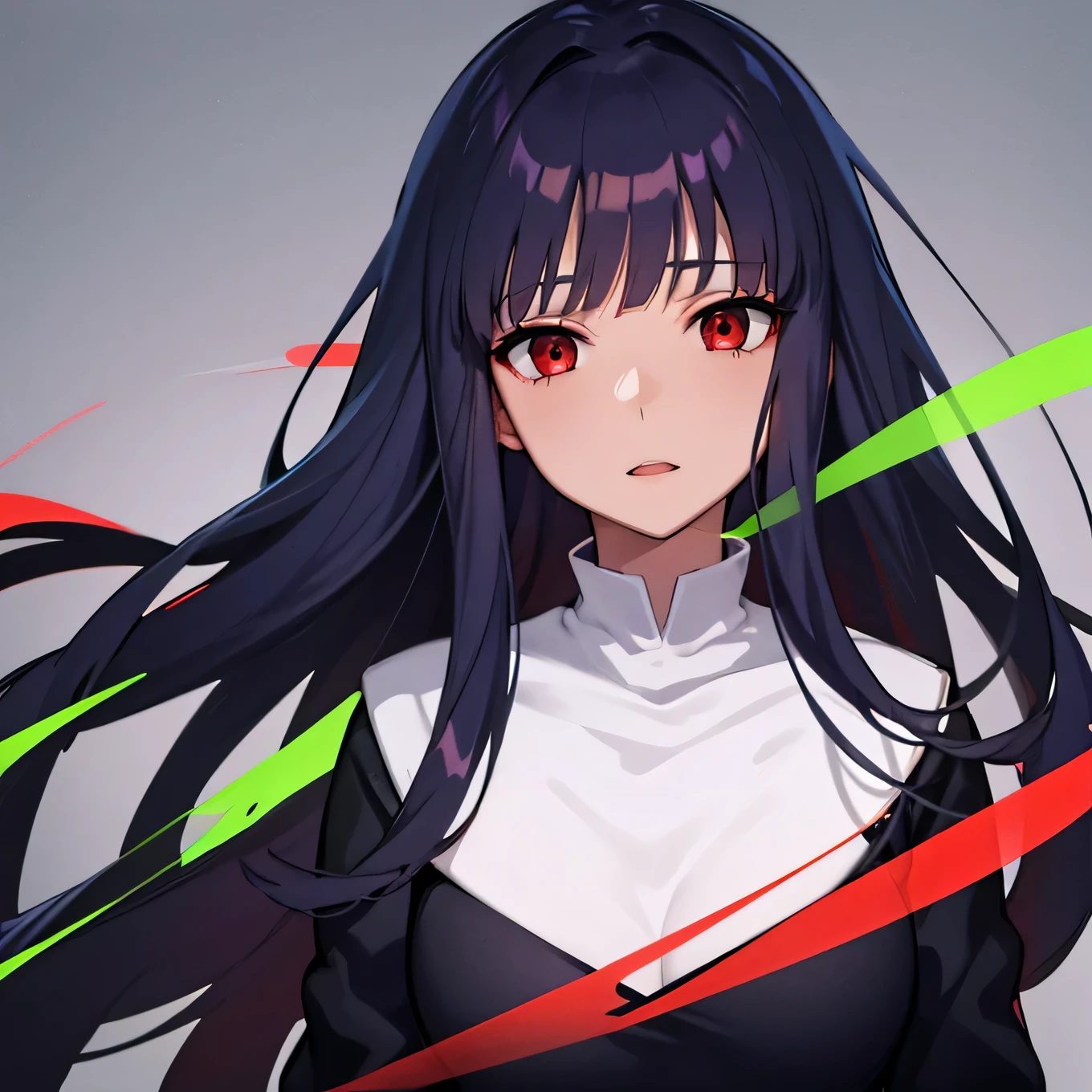 best quality: 1.0), (ultra high resolution: 1.0), anime girl, black long hair, red eyes, long sleeves, Blue dress, stand upright, classroom background