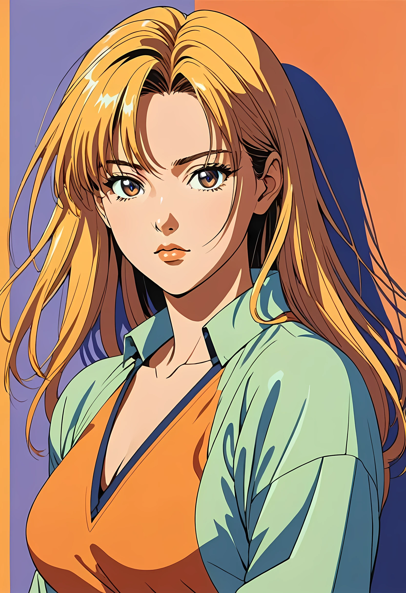 90s anime, cool women, highlights and shadows, strong and weak main lines, highly saturated coloring, pointed hair, sharp contours, and a well-defined body,