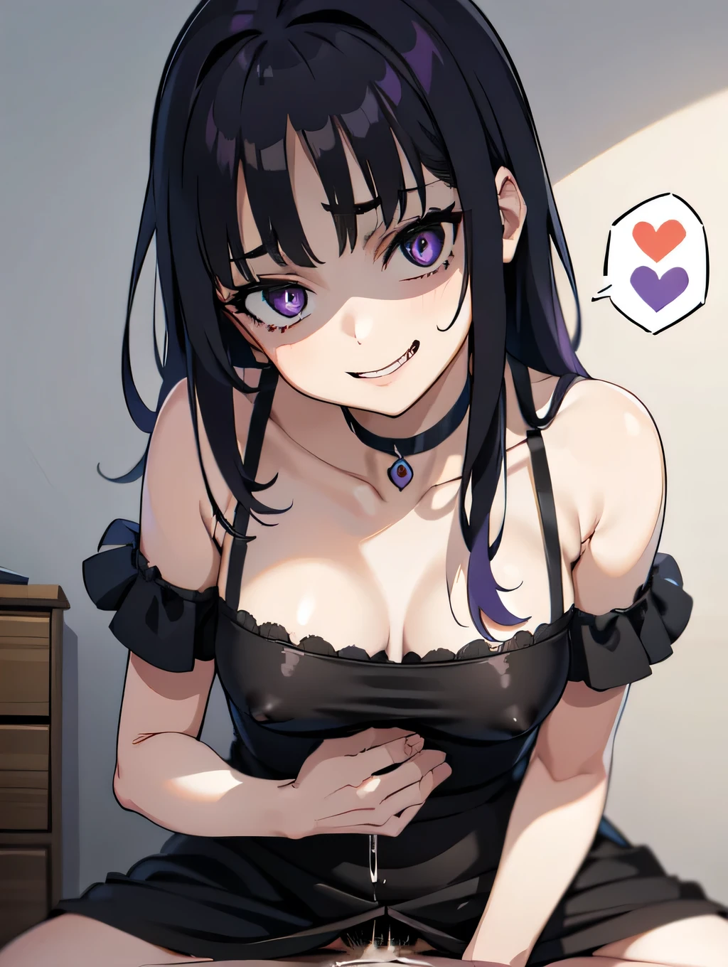 masterpiece, best quality, highres, 1girl, woman, shaded face, creepy smile, purple eyes, head tilt, small pupils, small iris, black hair, messy hair, bedhair, black dress, dark light, medium breasts,yandere,menhera,nsfw,spoken heart,under boob,black dress,anal,sex,fellatio,masturbation,crotch grab,supright straddle,vaginal,hug,Excessive cum,cum on head,pregnant