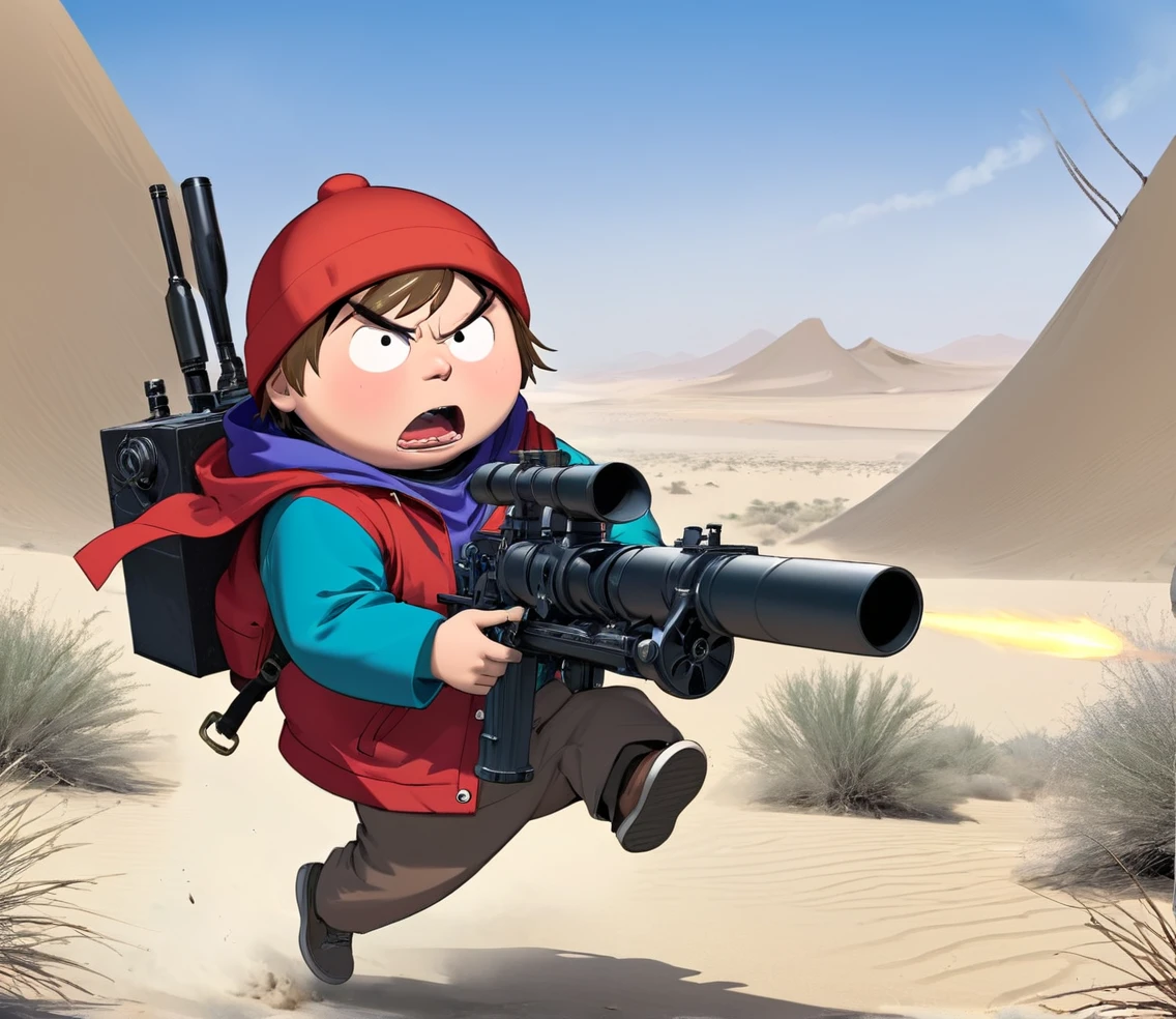 1boy, solo, Eric Cartman, short hair, brown hair, 1boy, hat, black eyes, red jacket, closed jacket, blue beanie, fat, , holding Machine Gun, Run in Desert, Style of Jamie Hewlett