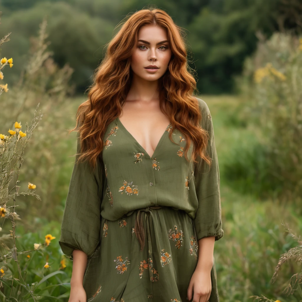Luma is a topless person, she is beautiful And have a strong posture, she has huge breasts that have a voluminous proportion, a pear feminine silhouette, Auburn hair, long Auburn hair, She has expressive eyes, ( Only eyes olive green) Her skin is fair and she has some light freckles on her cheek bones, busty, Farm, Brown rustic clothes, boho clothes, farm boho fashion clothes, romantic vibes, fire lights, fire sparkles, flowers clothes the hair to be half straight and half with curled ends cartoon
