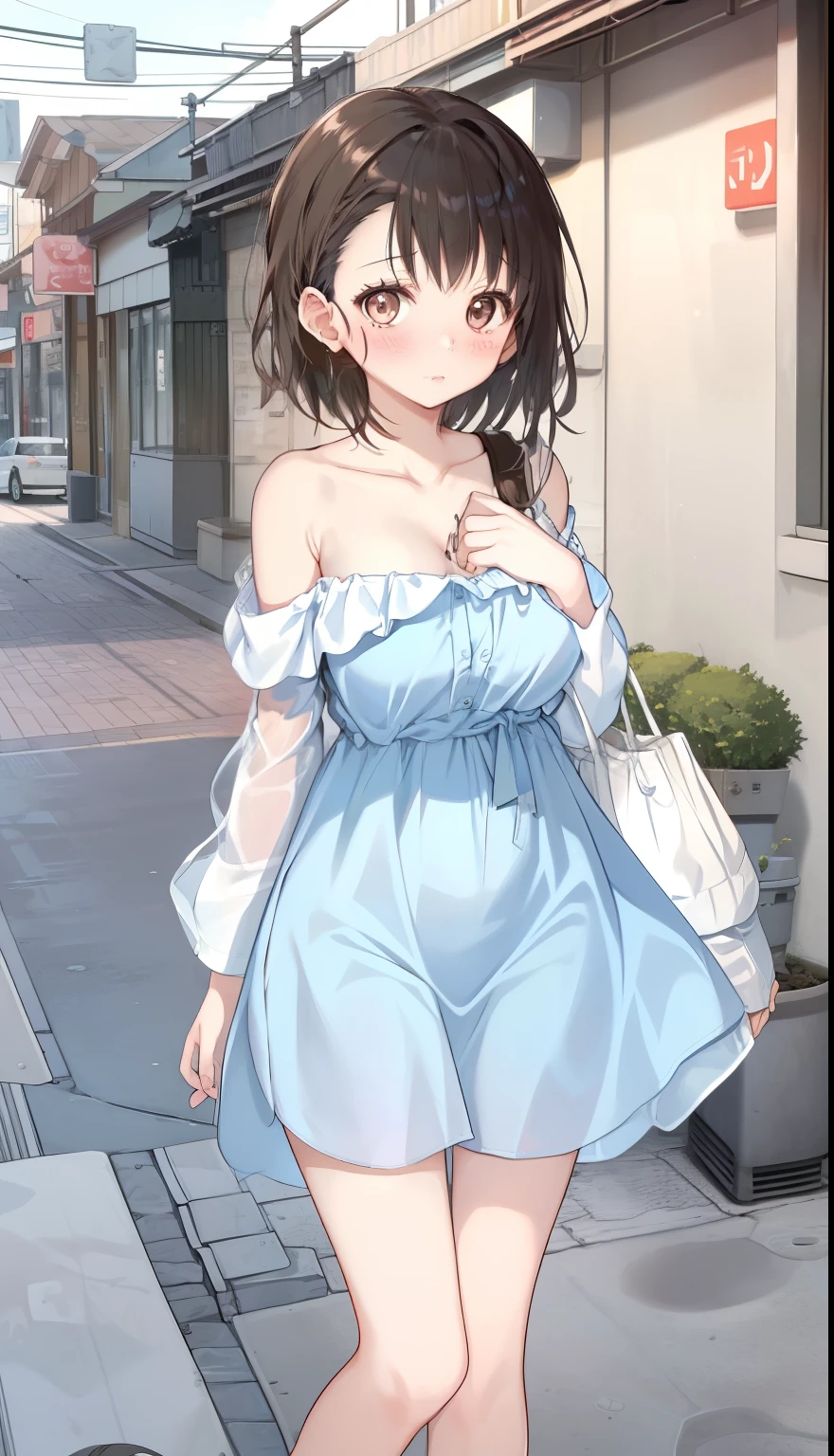 One Girl、positive、Standing posture、Full body portrait、Black Hair、Medium Haircut、blush、Absolute area、No panties、No bra、barefoot、Light blue dress、Off-the-shoulder dress、（Very large breasts）、Cleavage、((Lesbians around the world))、masterpiece、（highest quality）、、White heel sandals、Shirt buttons fly off、Unbutton your shirt、Exposing the breasts、Shopping Street、Skirt Front Lift