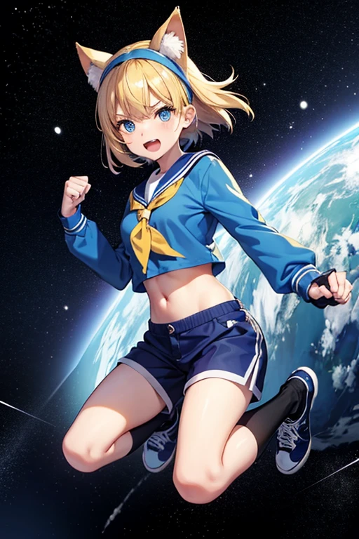 Anime drawings、Full body portrait、Space SF fighter、A woman with cat ears, around 155cm tall, around 16 years old, wearing a sailor uniform and blue shorts, is attacking with a clenched fist、Laughing with mouth open、The hairstyle is short、Blonde Hair、Gloves、sports boots、Blue socks、He wears a blue bandana around his head、Blue Eyes、navel