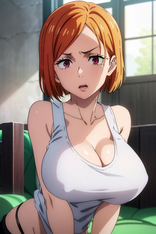 (Best Quality, masterpiece, High resolution, anime screen cap, anime colours), Orange hair, Nobara Kugisaki, Lewd Face:1.3, (large full breasts:1.5), cleavage, (Thin fabric, White tank top:1.8, no-bra:1.5), Slimed, arms on your breasts, squeezing breasts:1.5, Leaning forward, Upper body, Bedrooms, (Perfect Anatomy, perfect detailed body, Eyes and hair in beautiful detail, Beautiful breasts and skin), blowjob, nipples hard, nipples visible,