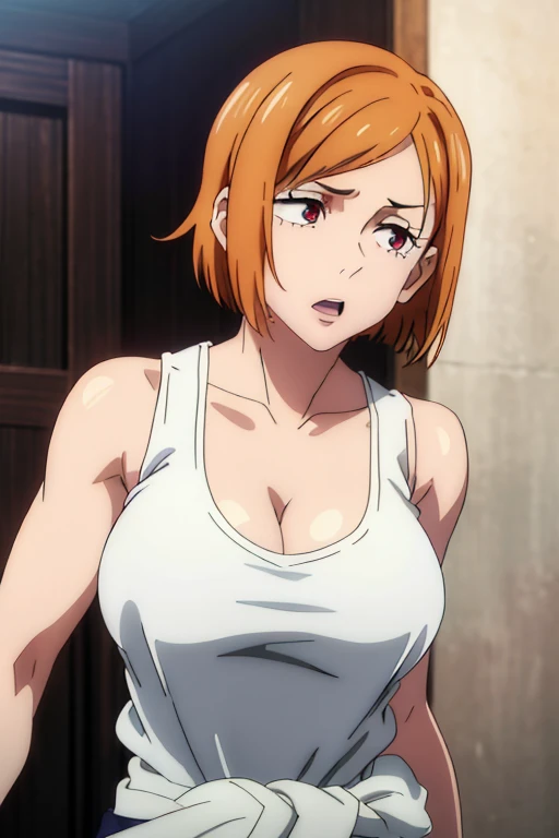 (Best Quality, masterpiece, High resolution, anime screen cap, anime colours), Orange hair, Nobara Kugisaki, Lewd Face:1.3, (large full breasts:1.5), cleavage, (Thin fabric, White tank top:1.8, no-bra:1.5), Slimed, arms on your breasts, squeezing breasts:1.5, Leaning forward, Upper body, Bedrooms, (Perfect Anatomy, perfect detailed body, Eyes and hair in beautiful detail, Beautiful breasts and skin), blowjob, nipples hard, nipples visible,