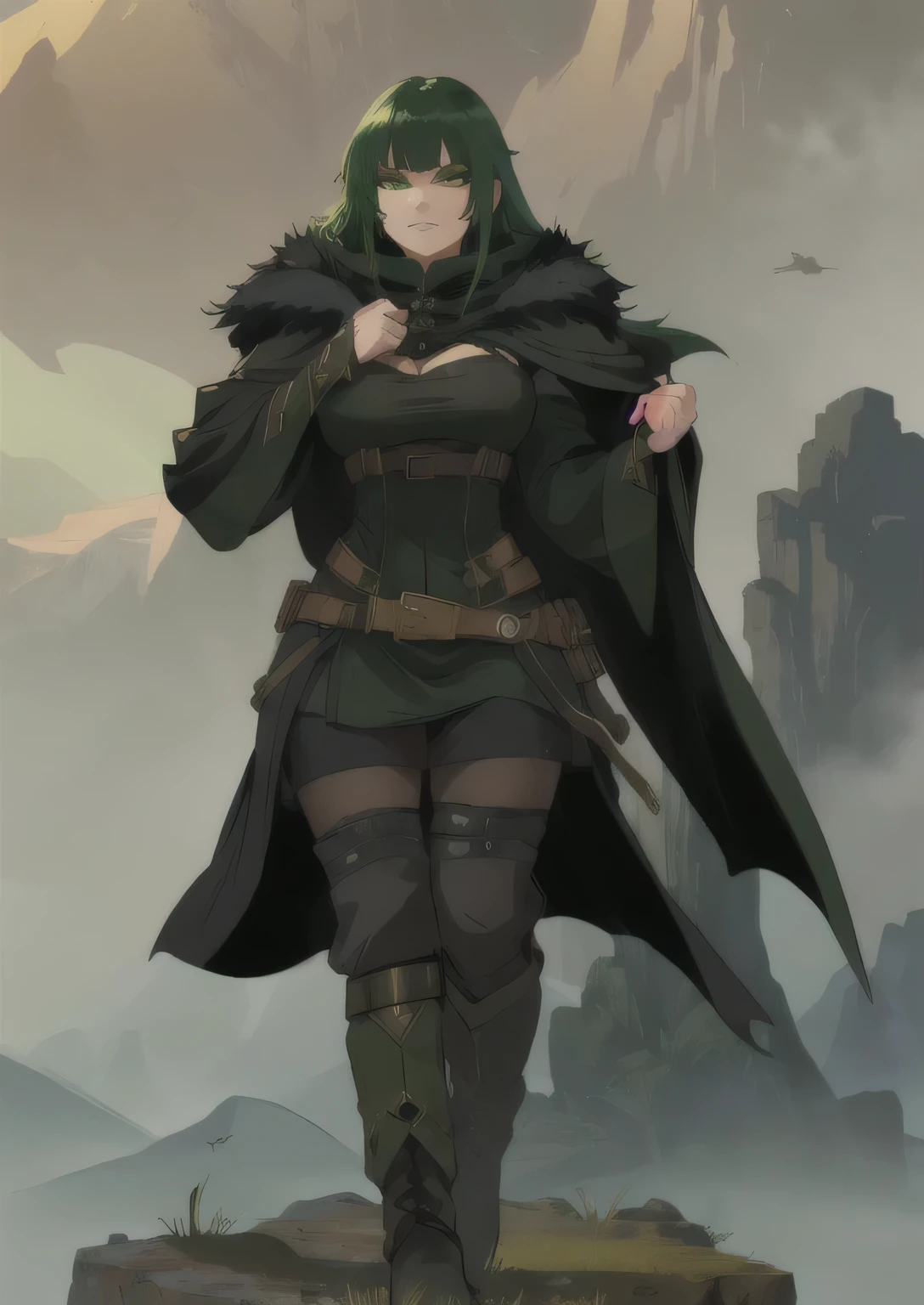 sexy woman in a black cloak and black boots , female earth mage, female rogue, magicpunk angry gorgeous druid, female druid, wearing cloak on blasted plain, D&D character, portrait of female rogue, female occultist, curvy female druid, green cloak, with a green and black cloak, large breasts, standing, sly smirk, green hair, bangs, green eyes, standing, full body, dark background