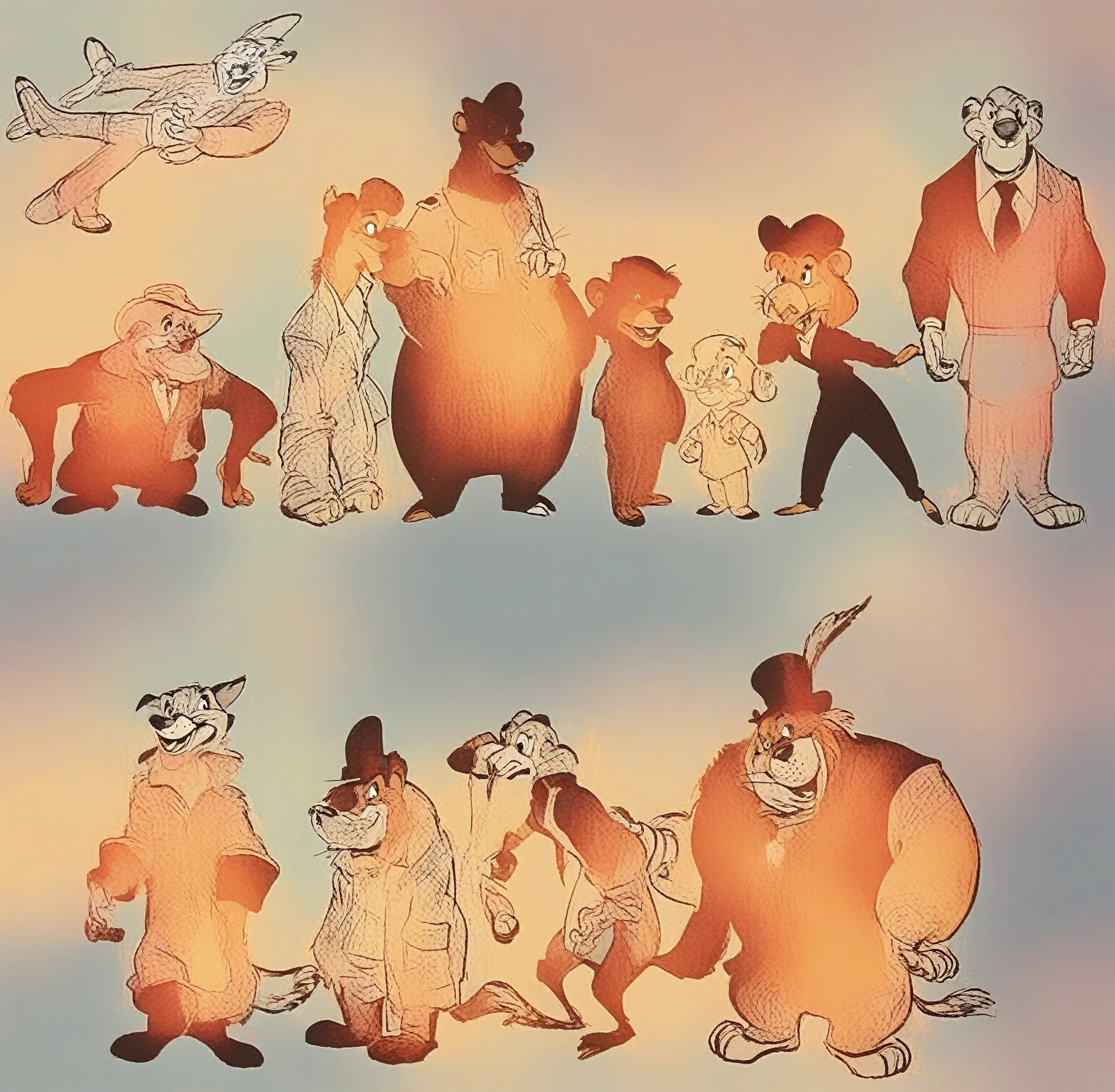 (Talespin 1990's cartoon homage), comic 1990's, animated tv show screengrab, Talespin cast dancing stanky boogie, cinematic poster, image within image, multiple exposure, massive scale, rich color grading for shading depth, hand drawn rotoscope cartoon realism, chiaroscuro lighting, mixed media, vintage comic, retro original design, 1990's comic, sense of movement energy, taking flight, tropical rot, rewilding, (full roygbiv color) ink charcoal expressive illustration, Talespin aesthetics
