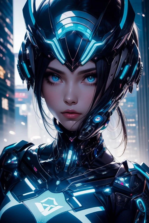 Close-up waist-up portrait of Cinderella reimagined in a cyberpunk setting, glowing neon lights casting vibrant hues on her shiny, flawless skin, adorned with high-tech jewelry and a sleek, modern dress infused with holographic elements. She exhibits a seductive and charming demeanor, with magnetic cybernetic eyes that hold a mesmerizing look. Her backdrop features a futuristic cityscape with looming skyscrapers and floating vehicles, reflecting her new-age fairy tale story. The scene captures her as a temptress with an alluring gaze and attracting looks, surrounded by the night's electric allure, masterpiece: 2, best quality, ultra highres, original, extremely detailed, perfect lighting