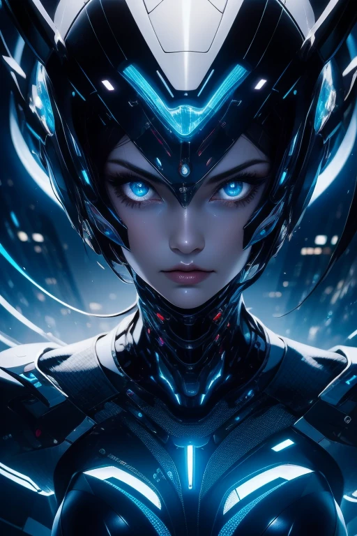Close-up waist-up portrait of Cinderella reimagined in a cyberpunk setting, glowing neon lights casting vibrant hues on her shiny, flawless skin, adorned with high-tech jewelry and a sleek, modern dress infused with holographic elements. She exhibits a seductive and charming demeanor, with magnetic cybernetic eyes that hold a mesmerizing look. Her backdrop features a futuristic cityscape with looming skyscrapers and floating vehicles, reflecting her new-age fairy tale story. The scene captures her as a temptress with an alluring gaze and attracting looks, surrounded by the night's electric allure, masterpiece: 2, best quality, ultra highres, original, extremely detailed, perfect lighting