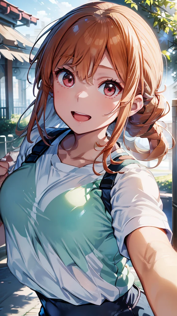 (Close-up of a woman)、Depiction of the upper body、((18-year-old female))、Bright smile、(Please open your mouth a little、High resolution、16k))、Sporty summer clothes、Early morning park、