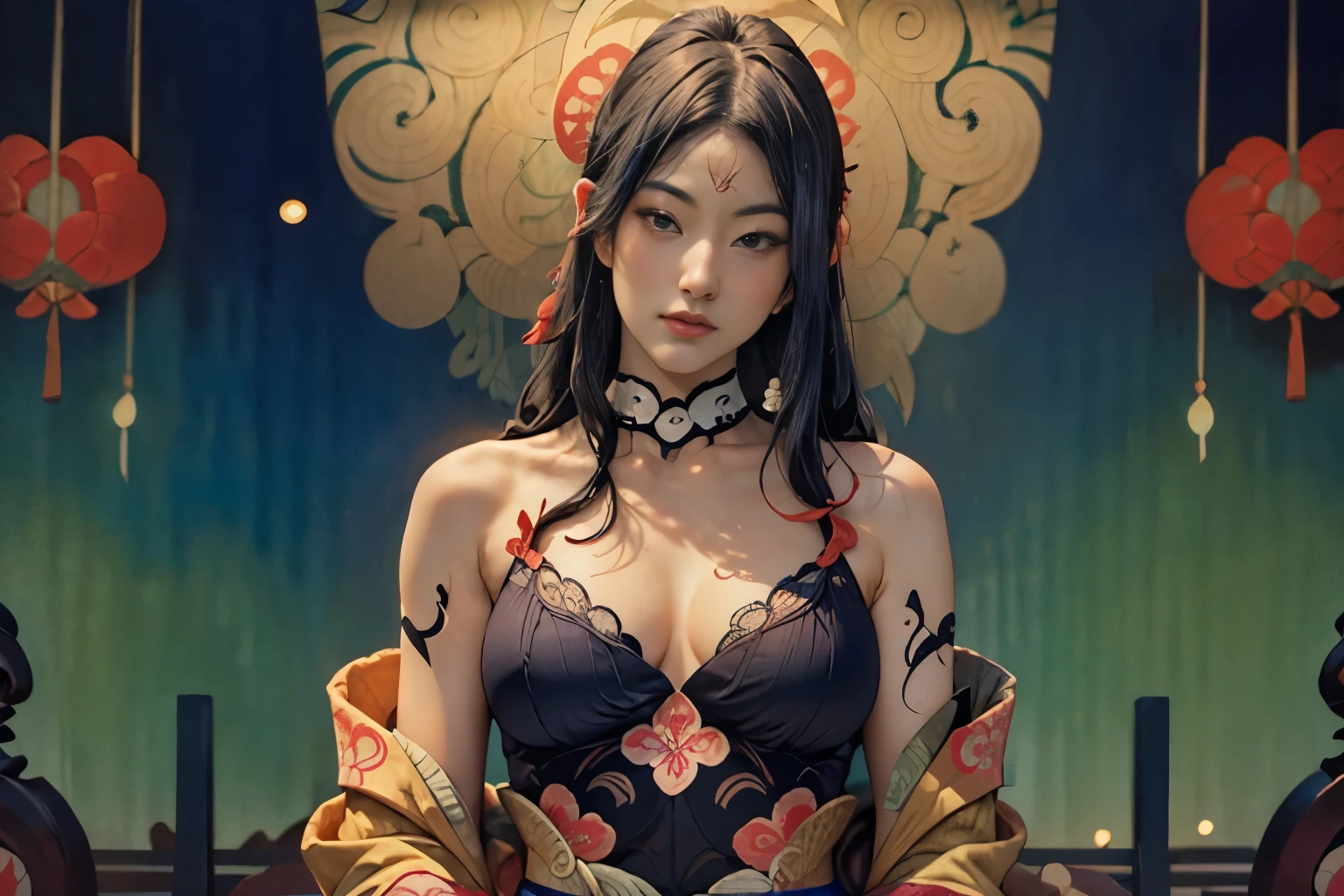 (Ukiyo-e:1.9)、woodblock print、woodblock print、otherscape、SF、Space Opera、(Beautiful woman、Archer)、Black clouds gather、Detailed face、Beautiful Eyes、Elegant garments、Intricate floral pattern、Delicate skin、Natural light、A calming color palette、Soft Focus、masterpiece、skimpy leather costume、spaceship、alien、night、Crystal Reed