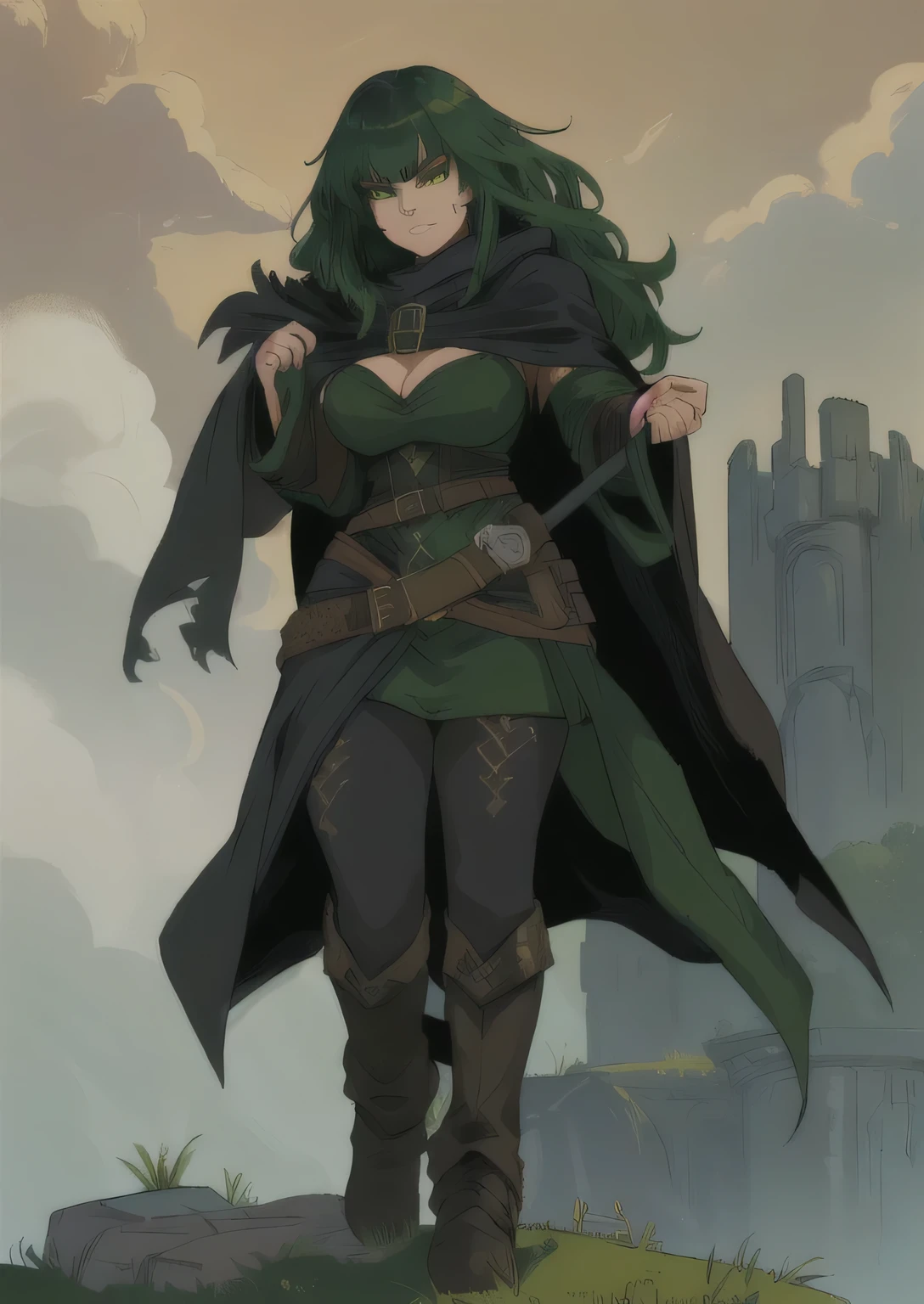 sexy woman in a black cloak and black boots , female earth mage, female rogue, magicpunk angry gorgeous druid, female druid, wearing cloak on blasted plain, D&D character, portrait of female rogue, female occultist, curvy female druid, green cloak, with a green and black cloak, large breasts, standing, sly smirk, green hair, bangs, green eyes, standing, full body, dark background