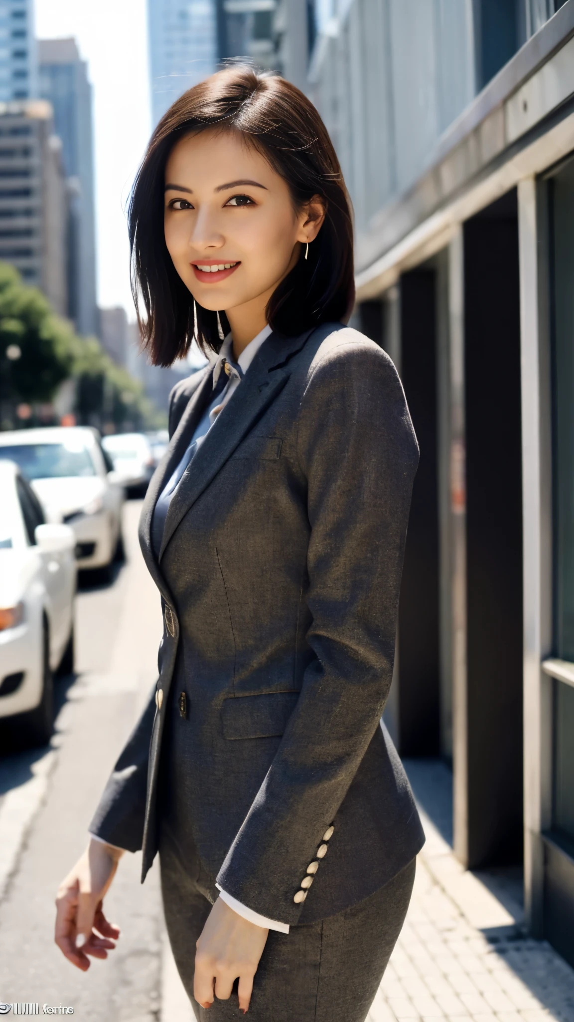 (8k, RAW Photos, highest quality, masterpiece: 1.2), (Realistic, photoRealistic: 1.37), 1 Woman in a suit standing on the sidewalk, Cityscape, Day, Sunny Morning, Professional Lighting, Photon Mapping, Radio City, Brazilian Women, Torn, shirt, Woman in a suit, Silk Suit，The best smile:1.5，Silver Hair:1.5