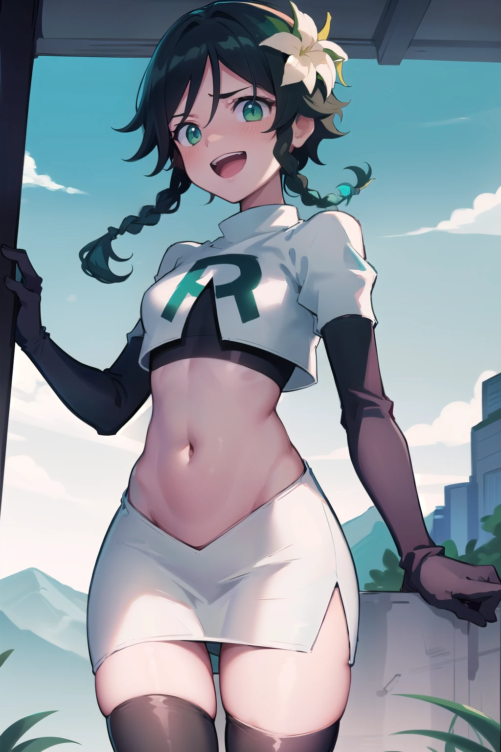 absurdres,venti,1boy, male focus, trap,black hair, green-blue hair, hair braid,hair flower,aqua green eyes,crossdressing,1boy,team rocket,team rocket uniform,white skirt,red letter R,crop top,black thigh-highs,black elbow gloves, laughing,happy, blush