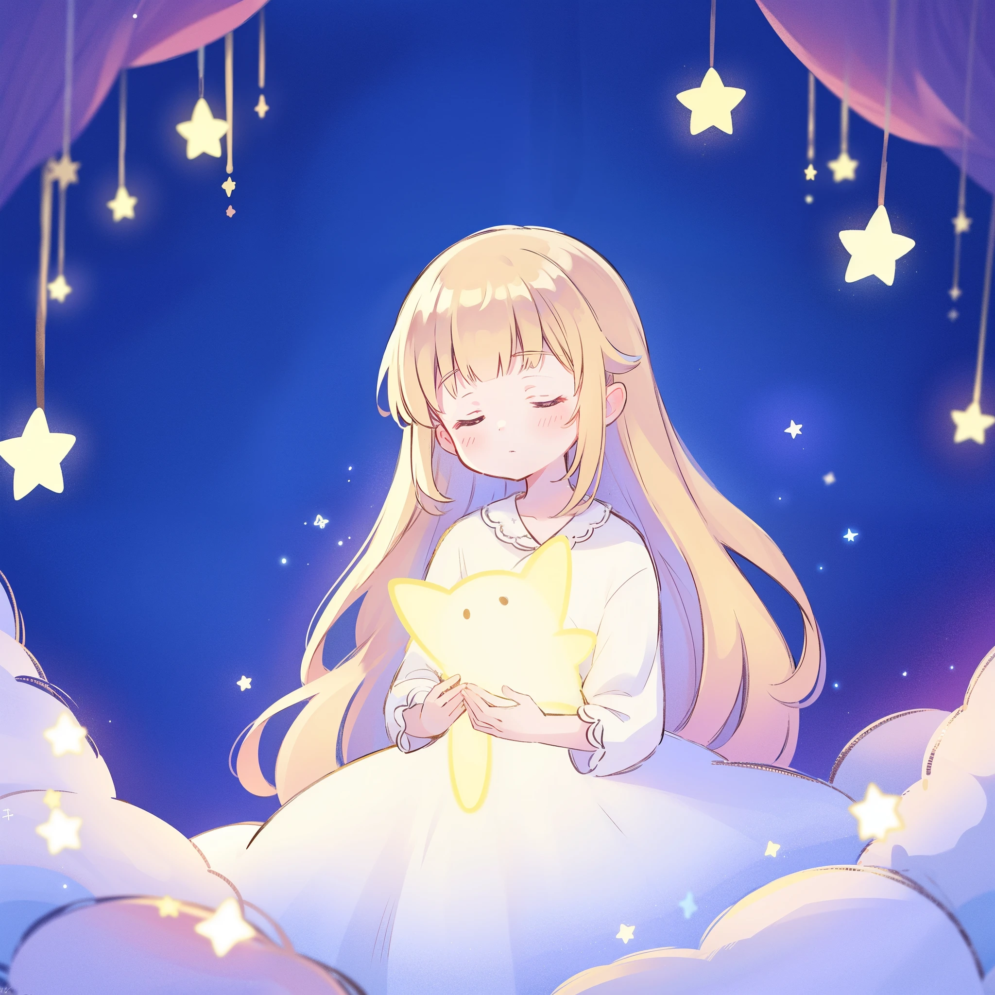 complex background, wishing star background, a woman wearing an ethereal dress that reflects the stars, pale purples and blues, ((glowing stars)), dreamy, peaceful, serene composition, glowing stars, glowing, complex drawing, highly detailed, ethereal, starry night, midjourney style